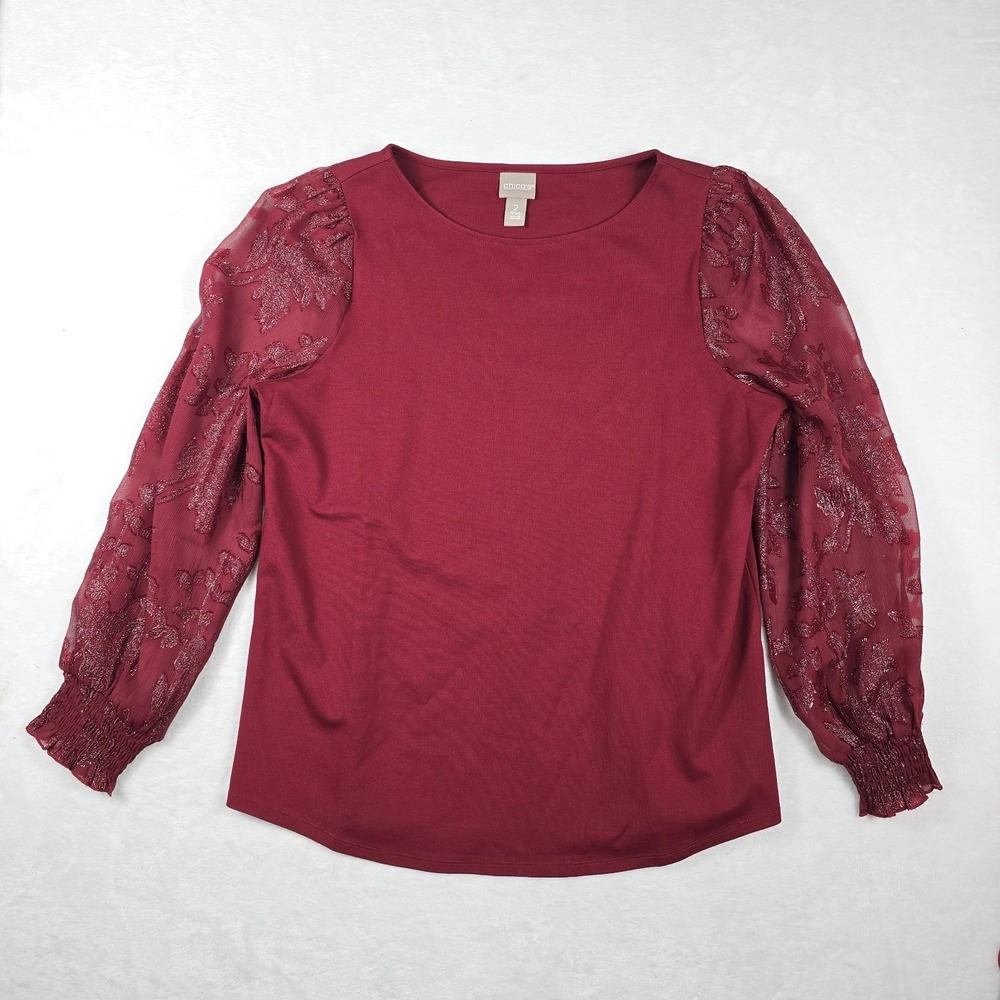 Chicos Women's Size 2 Red Floral Puff Long Sleeve Shirt Top